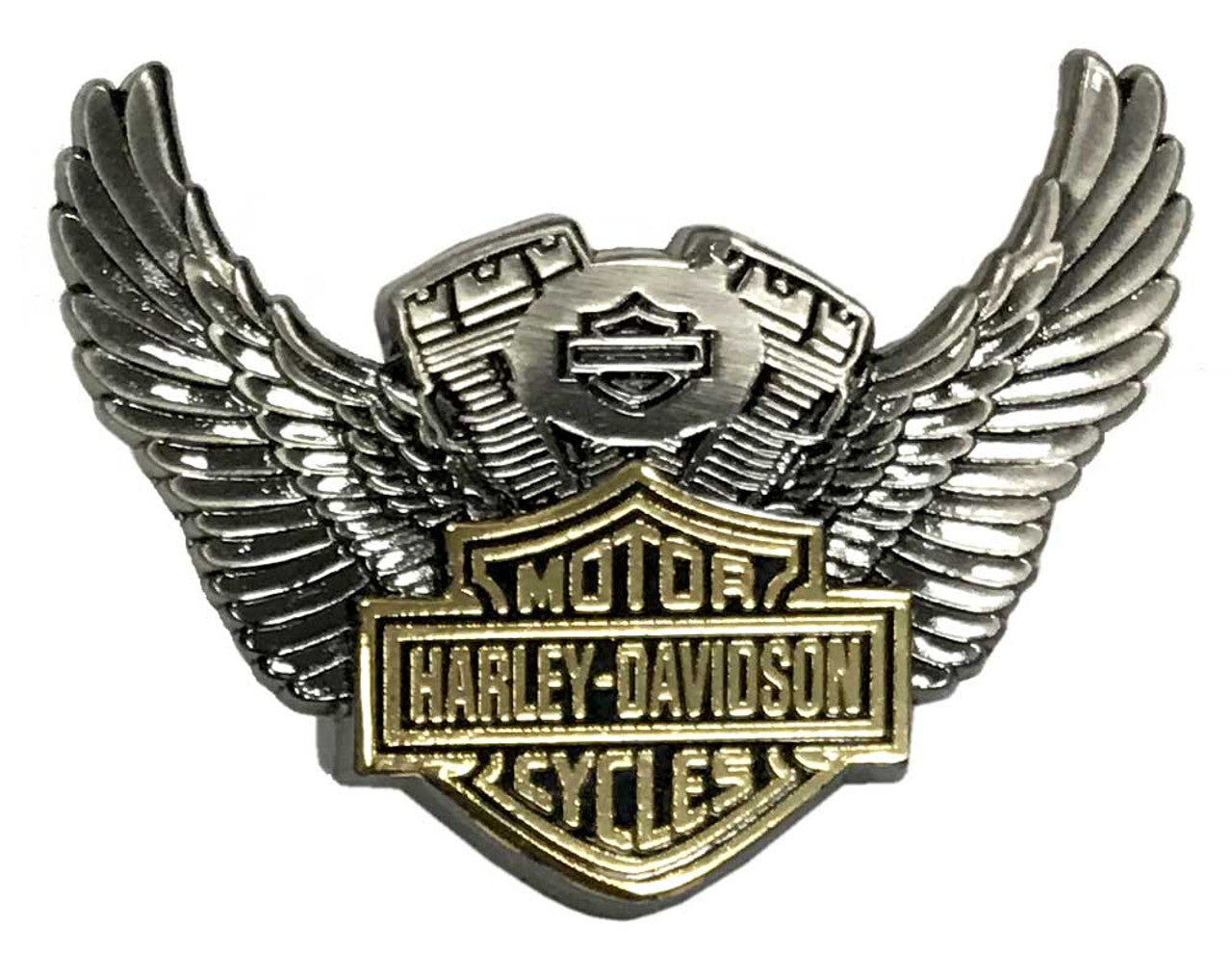 Harley-Davidson® 1.5 in. Bar & Shield Winged Motor Pin, Antique Finish 8009281