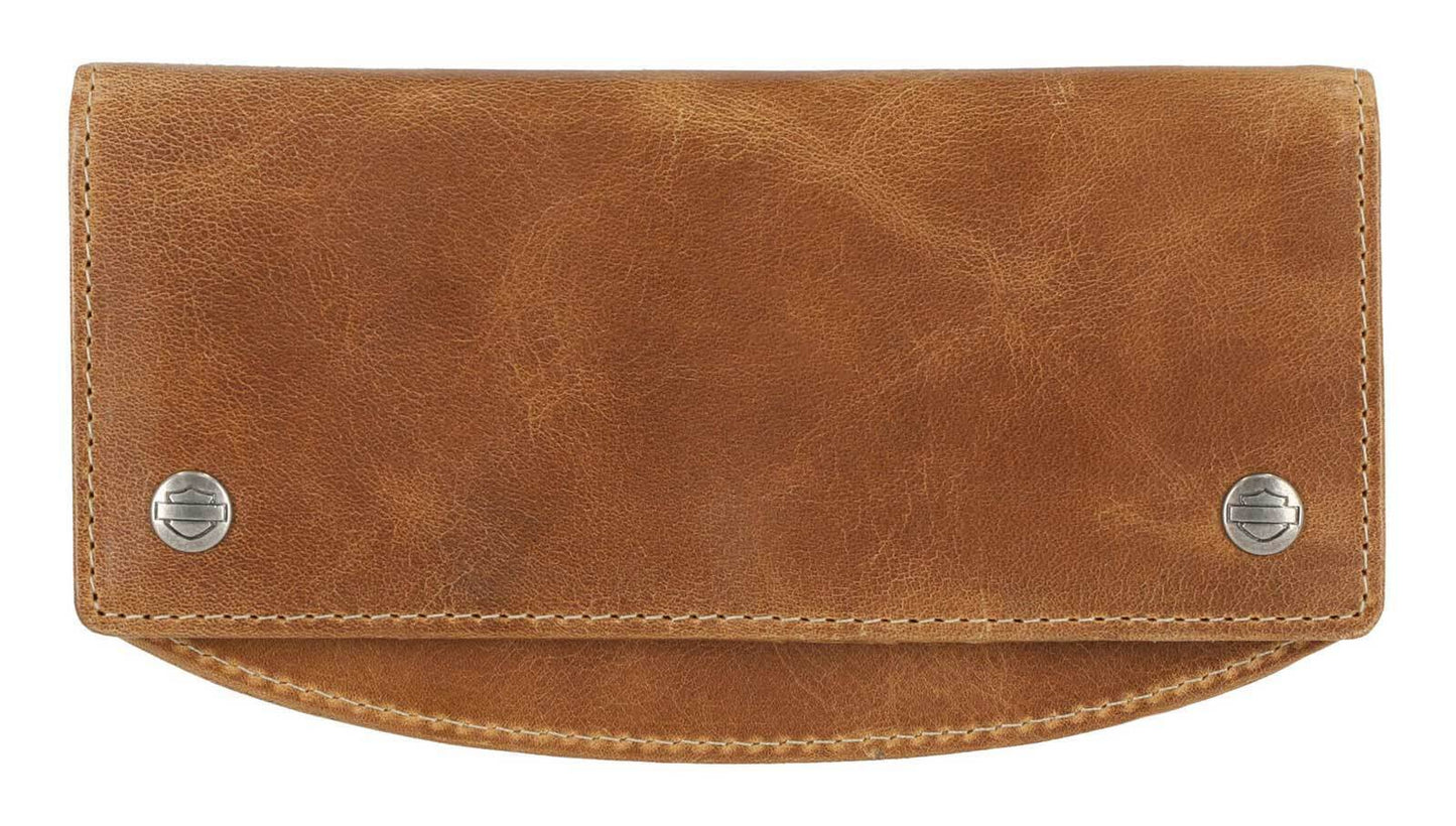 Harley-Davidson Men's Smooth Grain Snap Flap Pocket Long Biker Wallet with leash - Brown