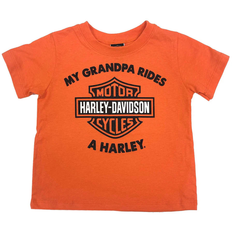 Harley-Davidson Little Boys' My Grandpa Rides a Harley Short Sleeve Shirt, Orange Tee