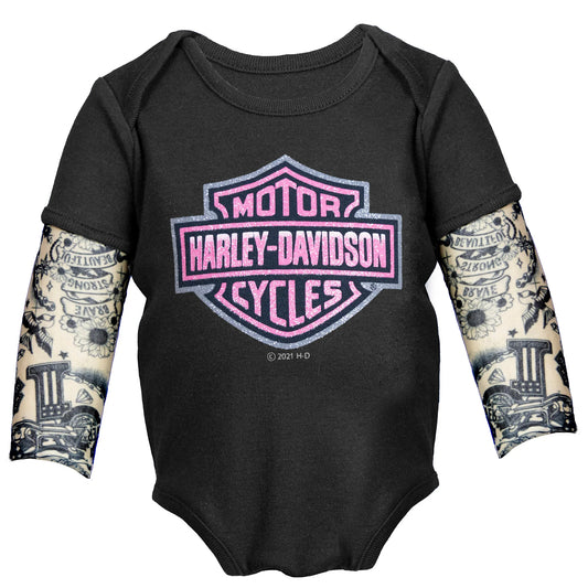 Harley-Davidson Baby Girls' Glitter B&S Mesh Tattoo Long Sleeve Creeper, Black 3000153