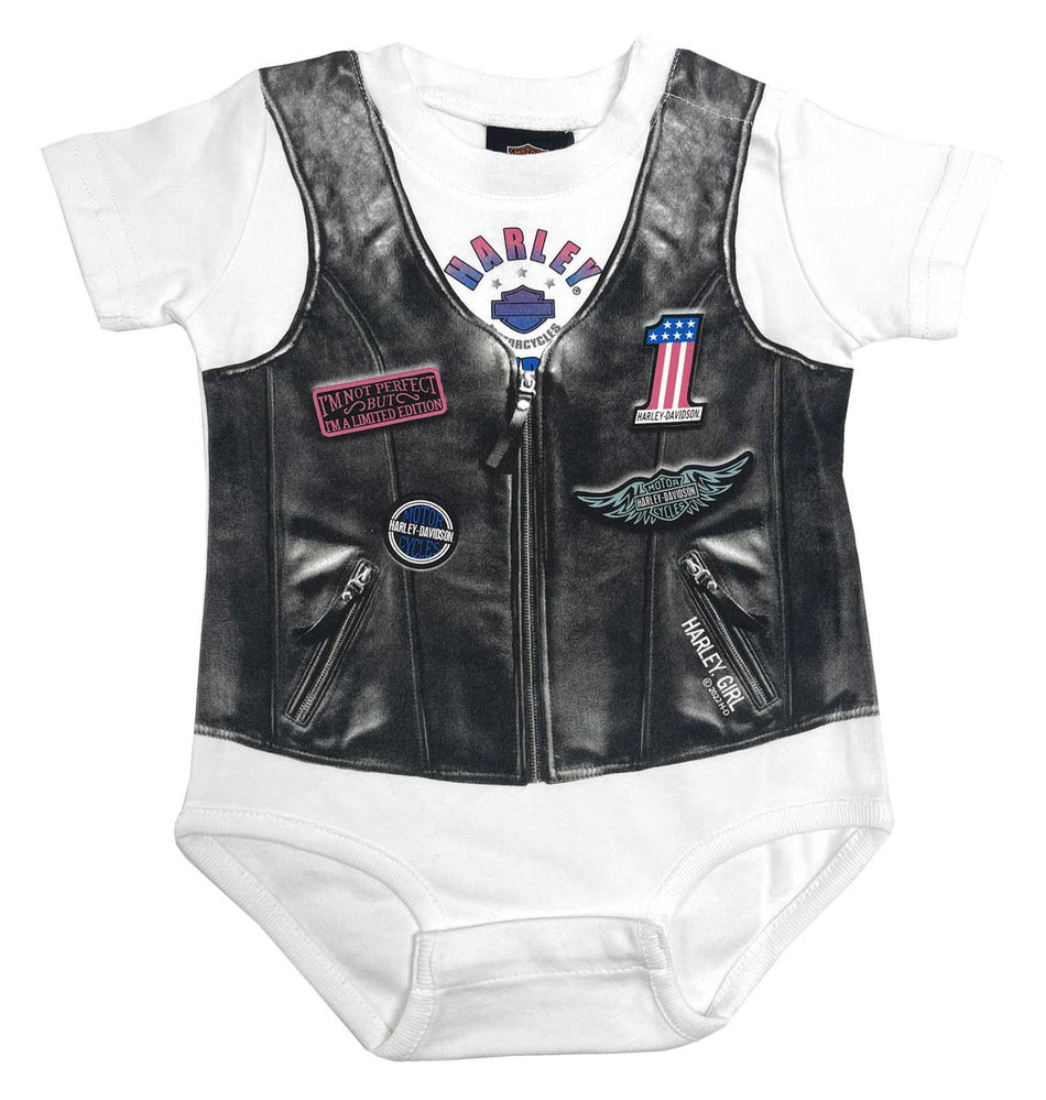 Harley-Davidson® Baby Girls' Faux Leather Vest Short Sleeve Creeper - White