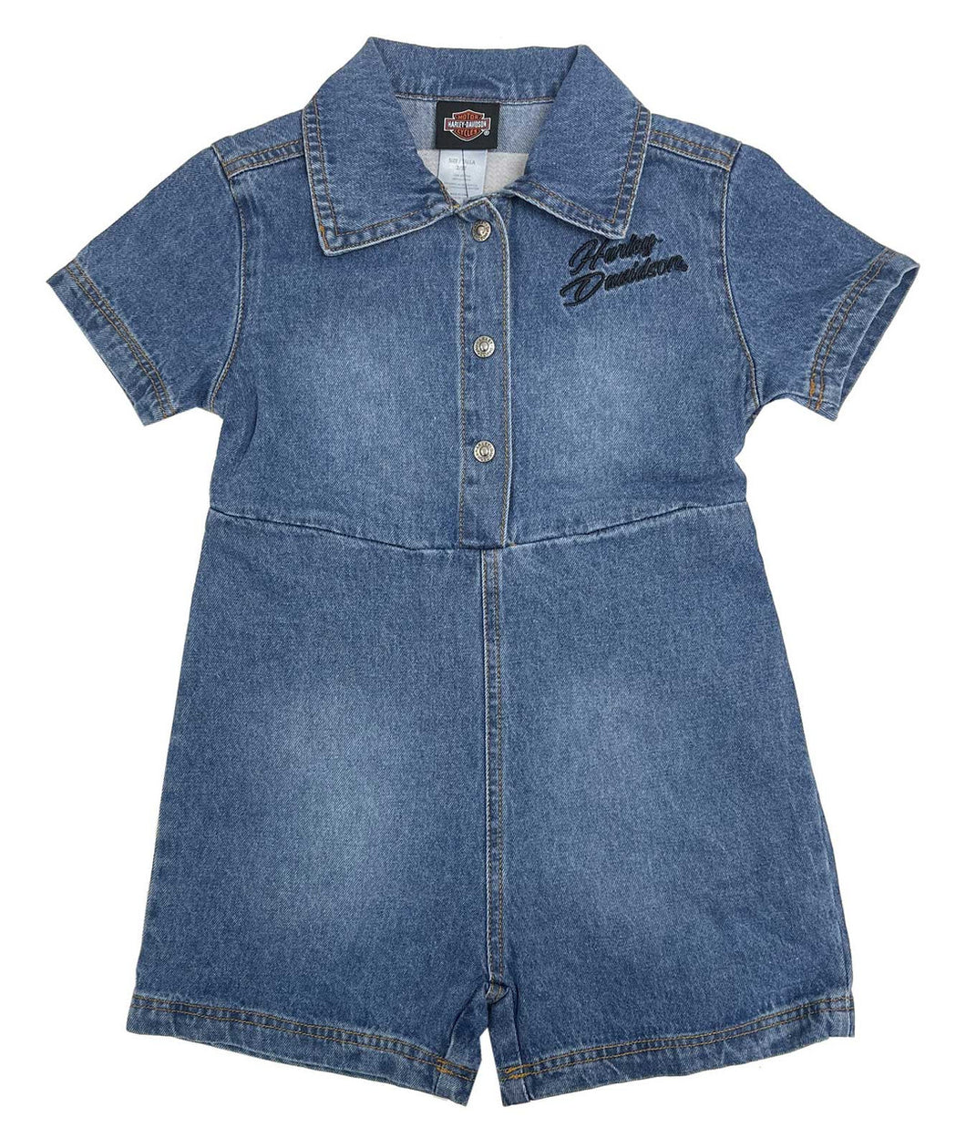 Harley-Davidson® Little Girls' Embroidered Bar & Shield Denim Romper, Blue