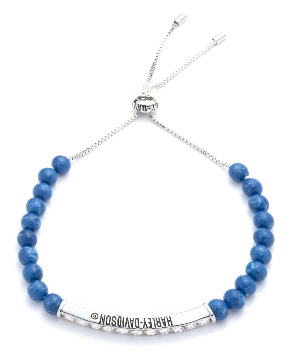 Harley-Davidson® Women's Stone Bead & Crystal Adjustable Slider Bracelet, Blue