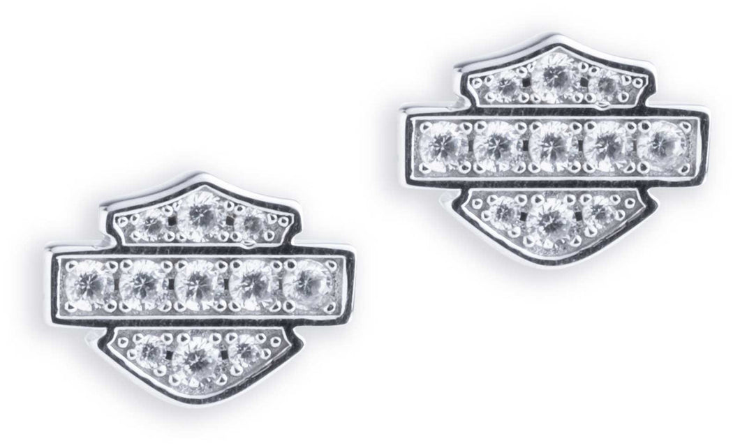 Harley-Davidson® Women's Bar & Shield Pave Stones Stud Earrings, Sterling Silver