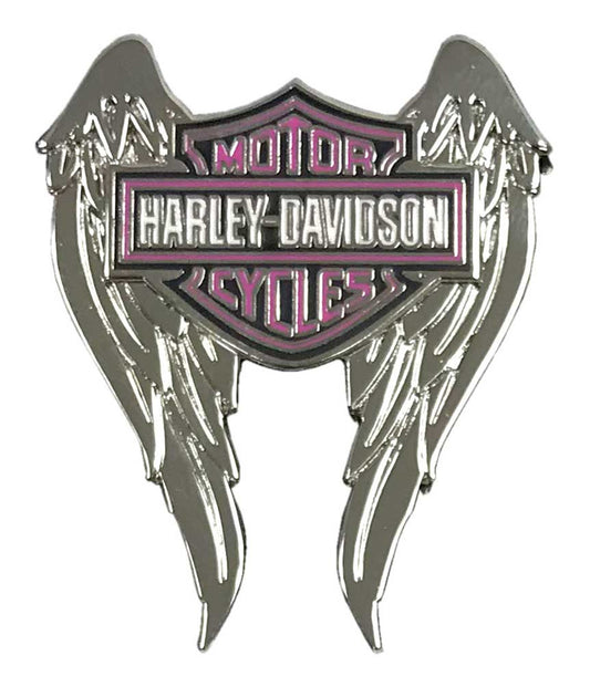 Harley-Davidson® 1.5 in Pink Bar & Shield Winged Pin, Shiny Silver Finish