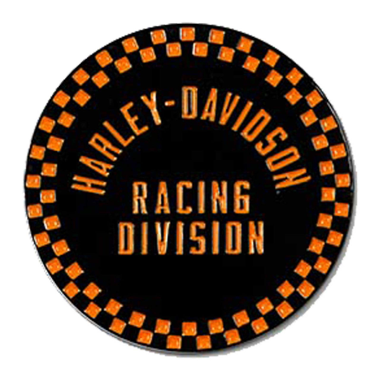 Harley-Davidson® 1.5 inch. Racing Checkered Round Metal Pin, Black & Orange