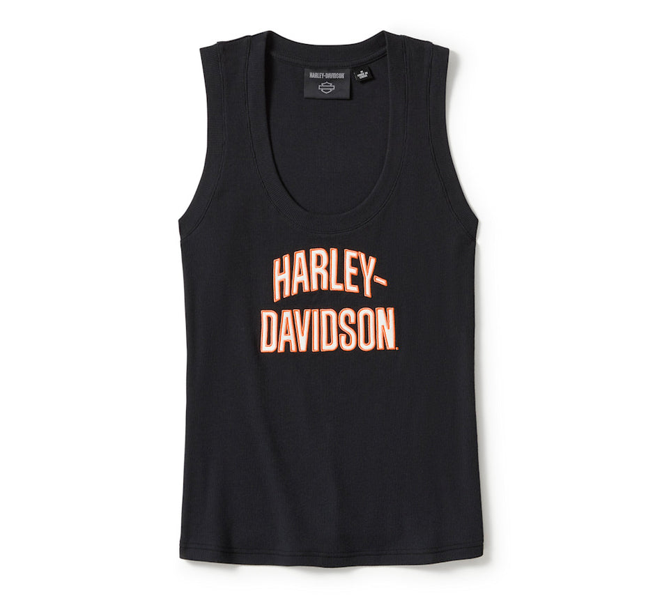 Women's Essential Arched Font Ribbed Tank - Harley Black or Orange