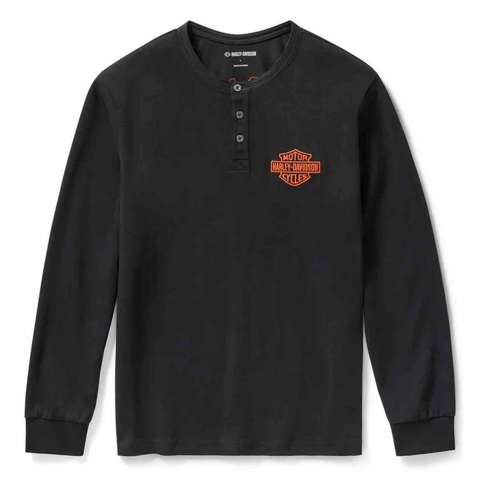 Harley-Davidson® Men's Racer Font Long Sleeve Henley Shirt, Black 96798-25VM