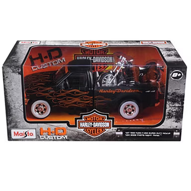 1999 Ford F-350 Super Duty Pickup 1/27 Black with Flames & 2002 FLSTB Night Train Harley Davidson 1/24 Diecast Models by Maisto