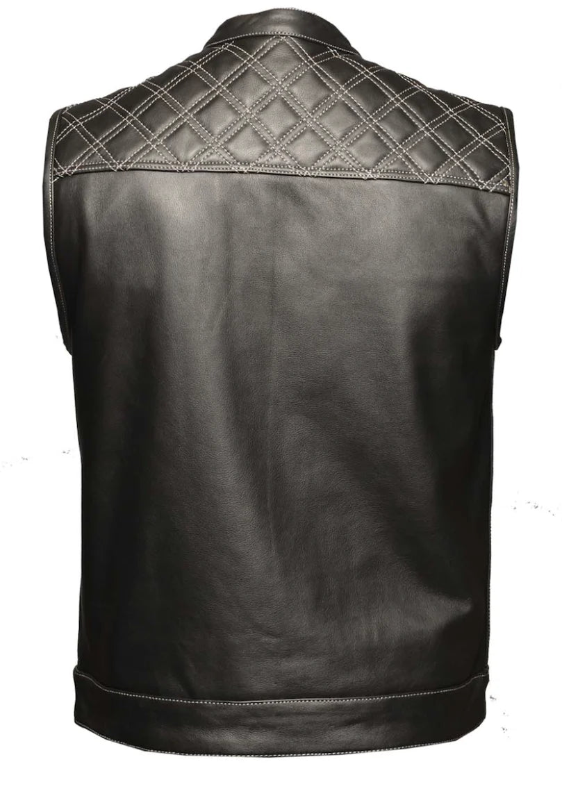 Unik Men's Diamond Stitch Leather Club-Style Vest with Concealed Carry Pocket