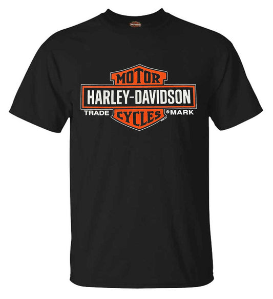 Harley-Davidson® Men's Elongated Orange Bar & Shield Black T-Shirt