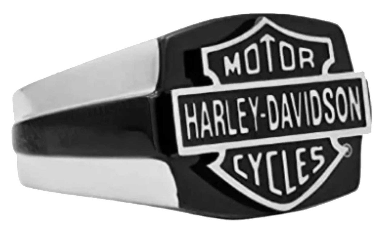 Harley-Davidson® Men's Black & Steel Bar & Shield Signet Ring - Stainless Steel