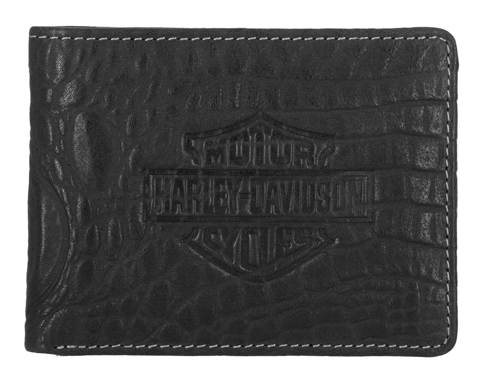 Harley-Davidson® Men's Croco B&S Leather Billfold Wallet w/ Chain, Black
