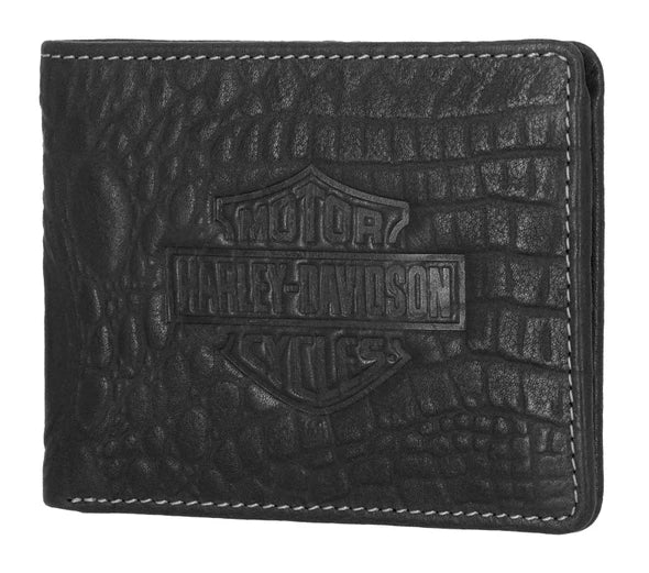 Harley-Davidson® Men's Croco B&S Leather Billfold Wallet w/ Chain, Black