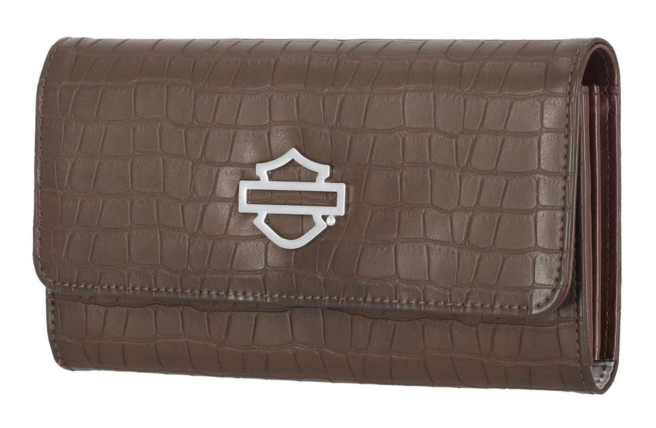 Harley-Davidson® Women's Metal Bar & Shield Embossed Croco Clutch Wallet, Brown