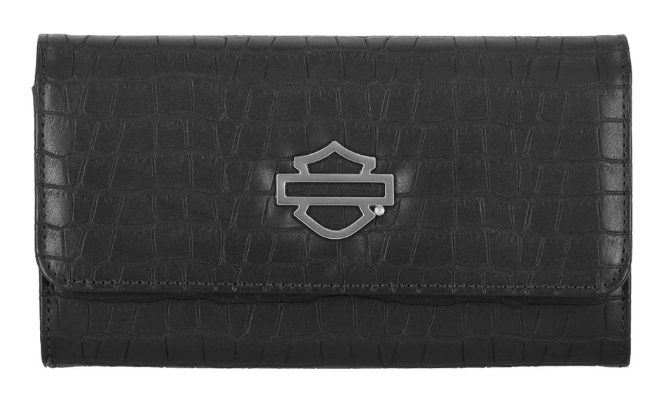 Harley-Davidson® Women's Metal Bar & Shield Embossed Croco Clutch Wallet, Black