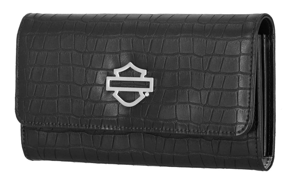 Harley-Davidson® Women's Metal Bar & Shield Embossed Croco Clutch Wallet, Black