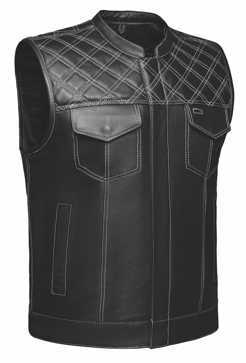 Unik Men's Diamond Stitch Leather Club-Style Vest with Concealed Carry Pocket